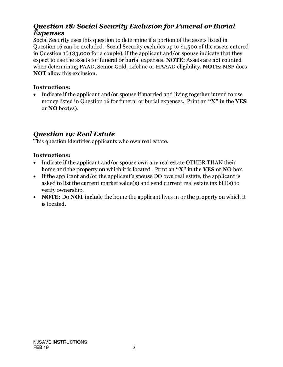 Instructions for Nj Save Application for Medicare Savings Programs (Msp), Pharmaceutical Assistance to the Aged and Disabled (Paad), Lifeline Utility Assistance (Lifeline), Senior Gold Prescription Discount Program (Senior Gold), and Other Special Benefits Programs - New Jersey, Page 13