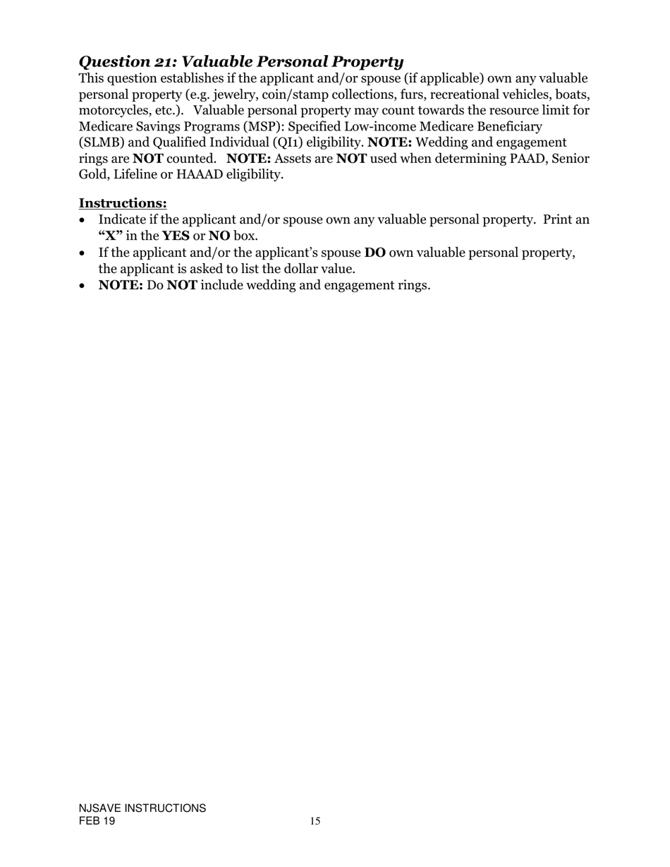 Instructions for Nj Save Application for Medicare Savings Programs (Msp), Pharmaceutical Assistance to the Aged and Disabled (Paad), Lifeline Utility Assistance (Lifeline), Senior Gold Prescription Discount Program (Senior Gold), and Other Special Benefits Programs - New Jersey, Page 15