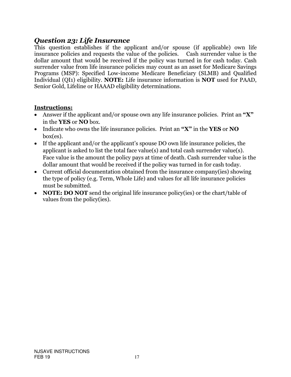 Instructions for Nj Save Application for Medicare Savings Programs (Msp), Pharmaceutical Assistance to the Aged and Disabled (Paad), Lifeline Utility Assistance (Lifeline), Senior Gold Prescription Discount Program (Senior Gold), and Other Special Benefits Programs - New Jersey, Page 17