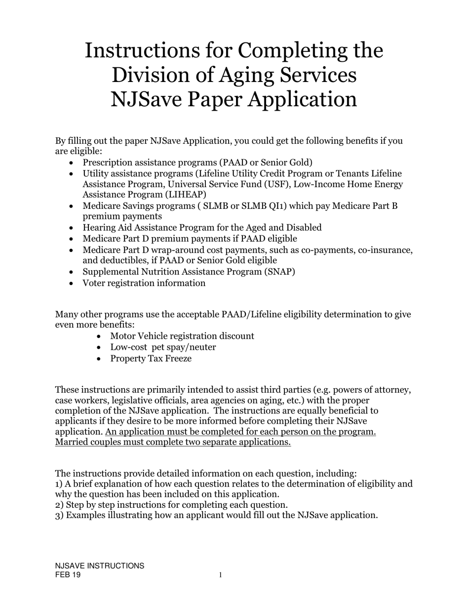 Instructions for Nj Save Application for Medicare Savings Programs (Msp), Pharmaceutical Assistance to the Aged and Disabled (Paad), Lifeline Utility Assistance (Lifeline), Senior Gold Prescription Discount Program (Senior Gold), and Other Special Benefits Programs - New Jersey, Page 1