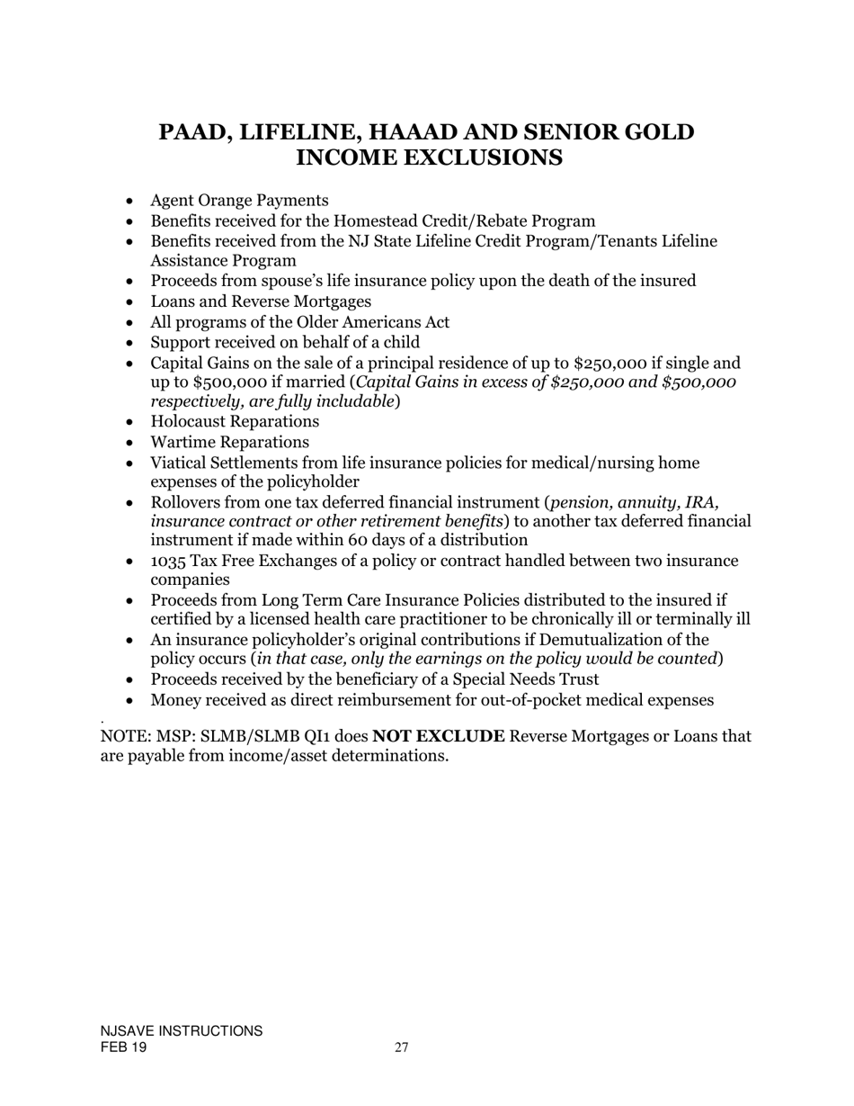 Instructions for Nj Save Application for Medicare Savings Programs (Msp), Pharmaceutical Assistance to the Aged and Disabled (Paad), Lifeline Utility Assistance (Lifeline), Senior Gold Prescription Discount Program (Senior Gold), and Other Special Benefits Programs - New Jersey, Page 27