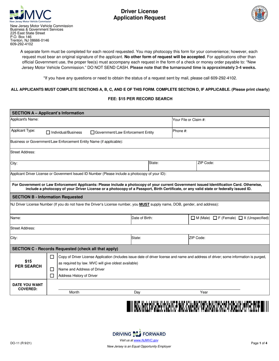 Form DO-11 Driver License Application Request - New Jersey, Page 1