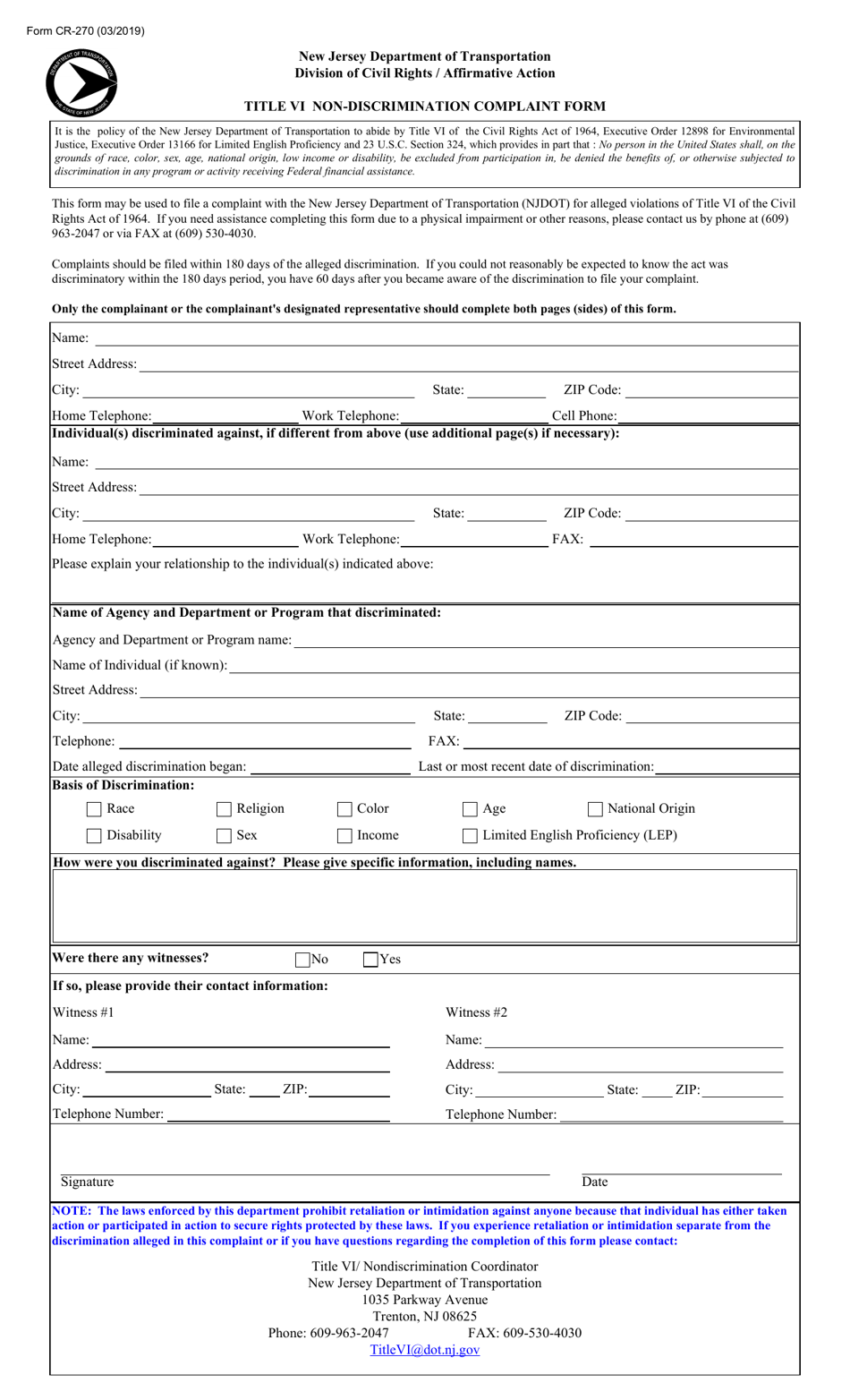 Form CR-270 Title VI Non-discrimination Complaint Form - New Jersey, Page 1