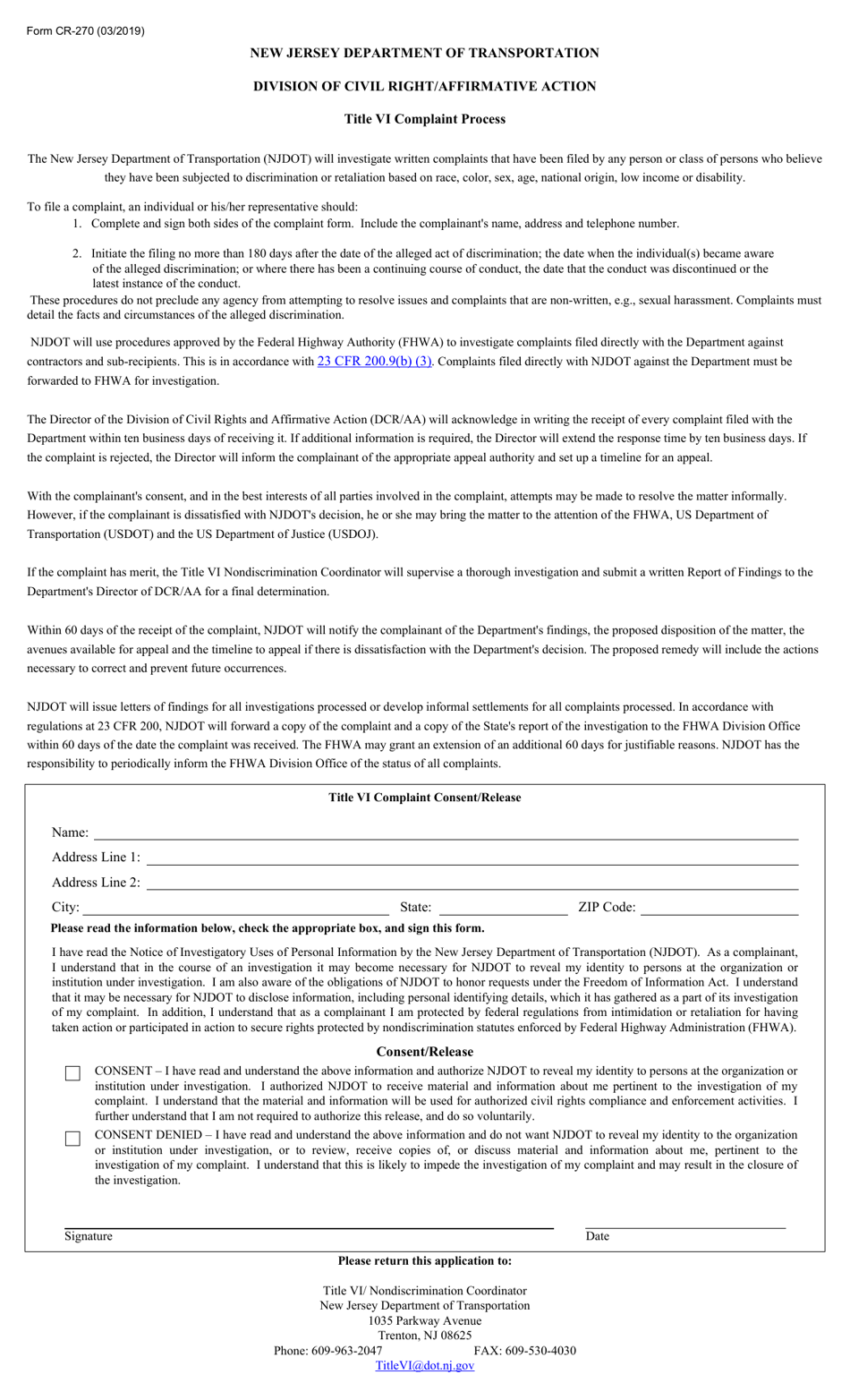 Form CR-270 Title VI Non-discrimination Complaint Form - New Jersey, Page 2