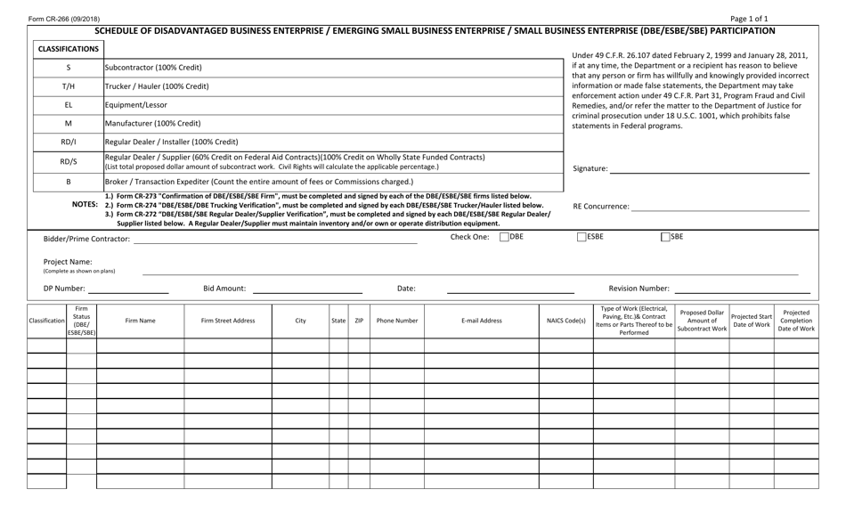 Form CR-266 Schedule of Disadvantaged Business Enterprise / Emerging Small Business Enterprise / Small Business Enterprise (Dbe / Esbe / Sbe) Participation - New Jersey, Page 1