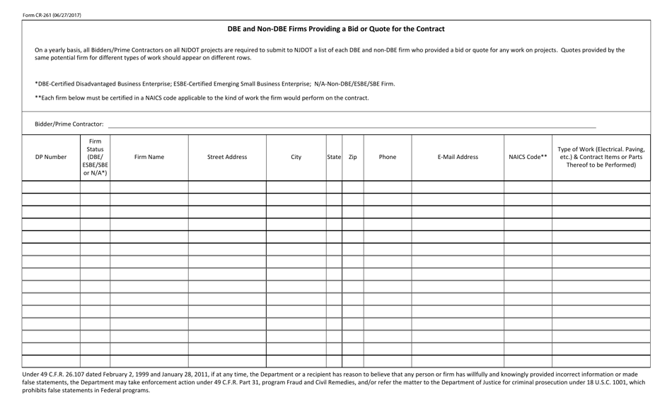 Form CR-261 Dbe and Non-dbe Firms Providing a Bid or Quote for the Contract - New Jersey, Page 1
