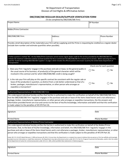 Form CR-272 Dbe/Esbe/Sbe Regular Dealer/Supplier Verification Form - New Jersey
