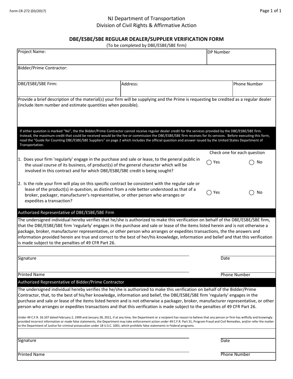 Form CR-272 Dbe / Esbe / Sbe Regular Dealer / Supplier Verification Form - New Jersey, Page 1