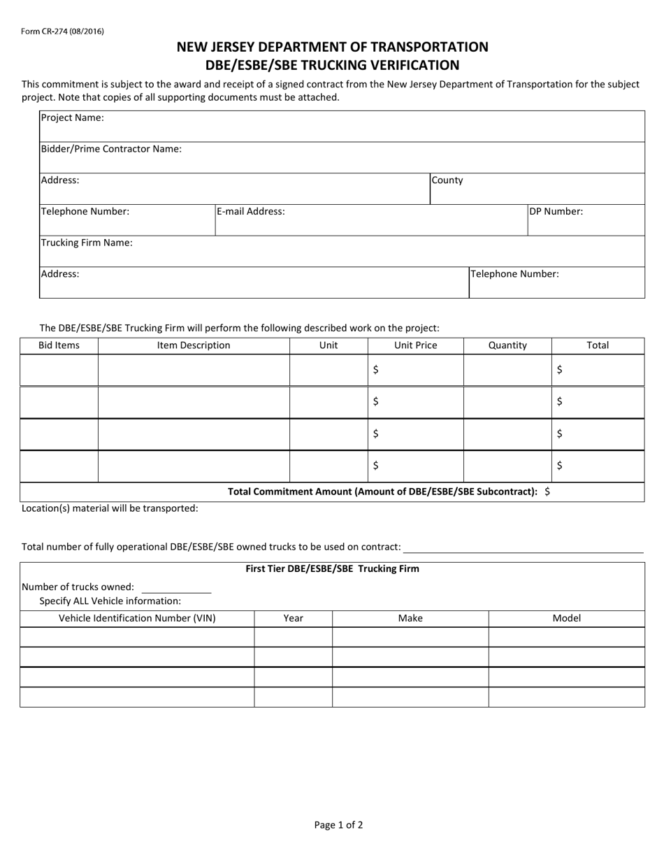 Form CR-274 Dbe / Esbe / Sbe Trucking Verification - New Jersey, Page 1
