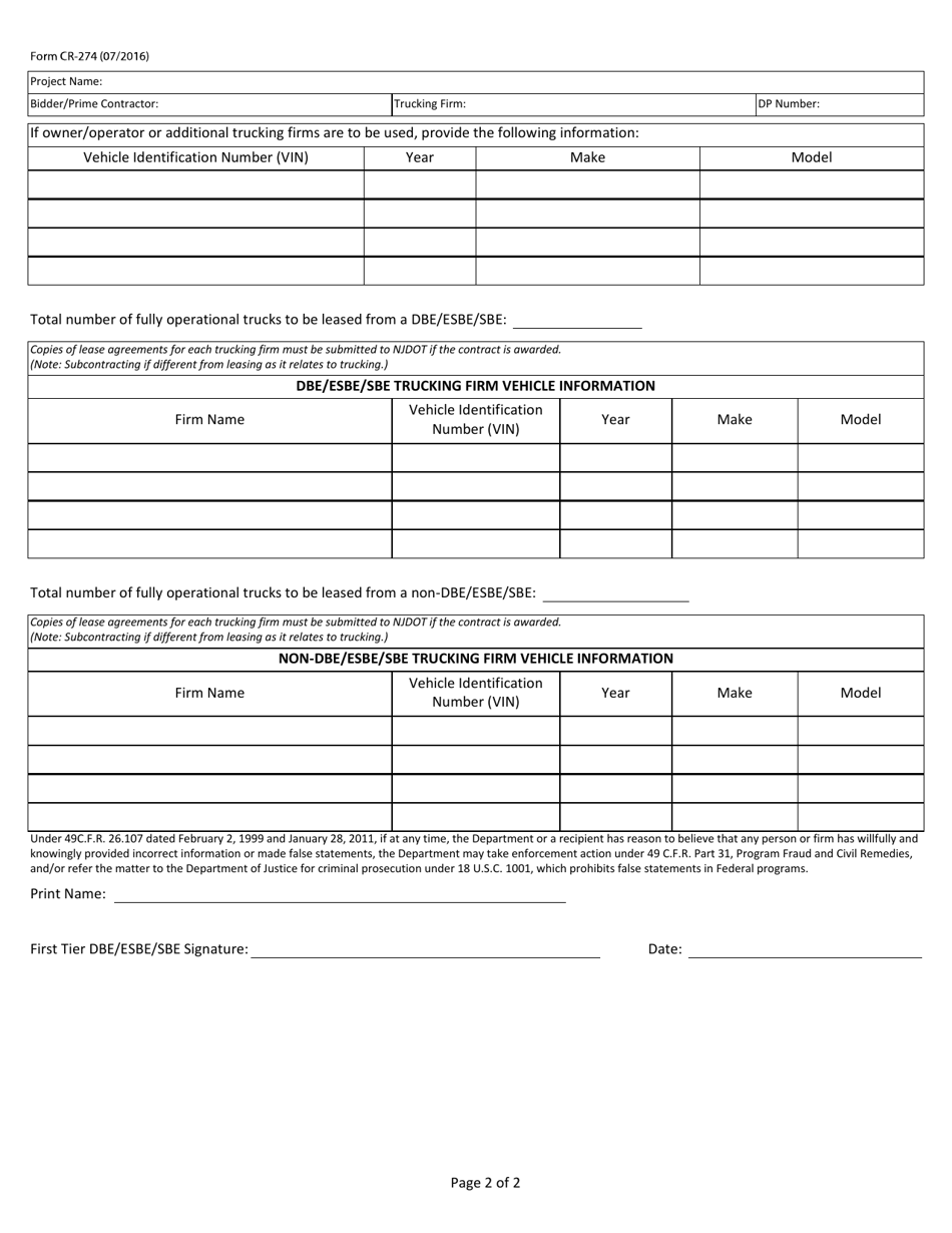 Form CR-274 Dbe / Esbe / Sbe Trucking Verification - New Jersey, Page 2