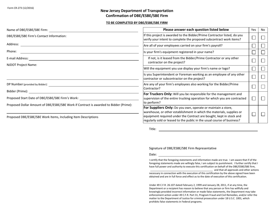 Form CR-273 Confirmation of Dbe / Esbe / Sbe Firm - New Jersey, Page 1