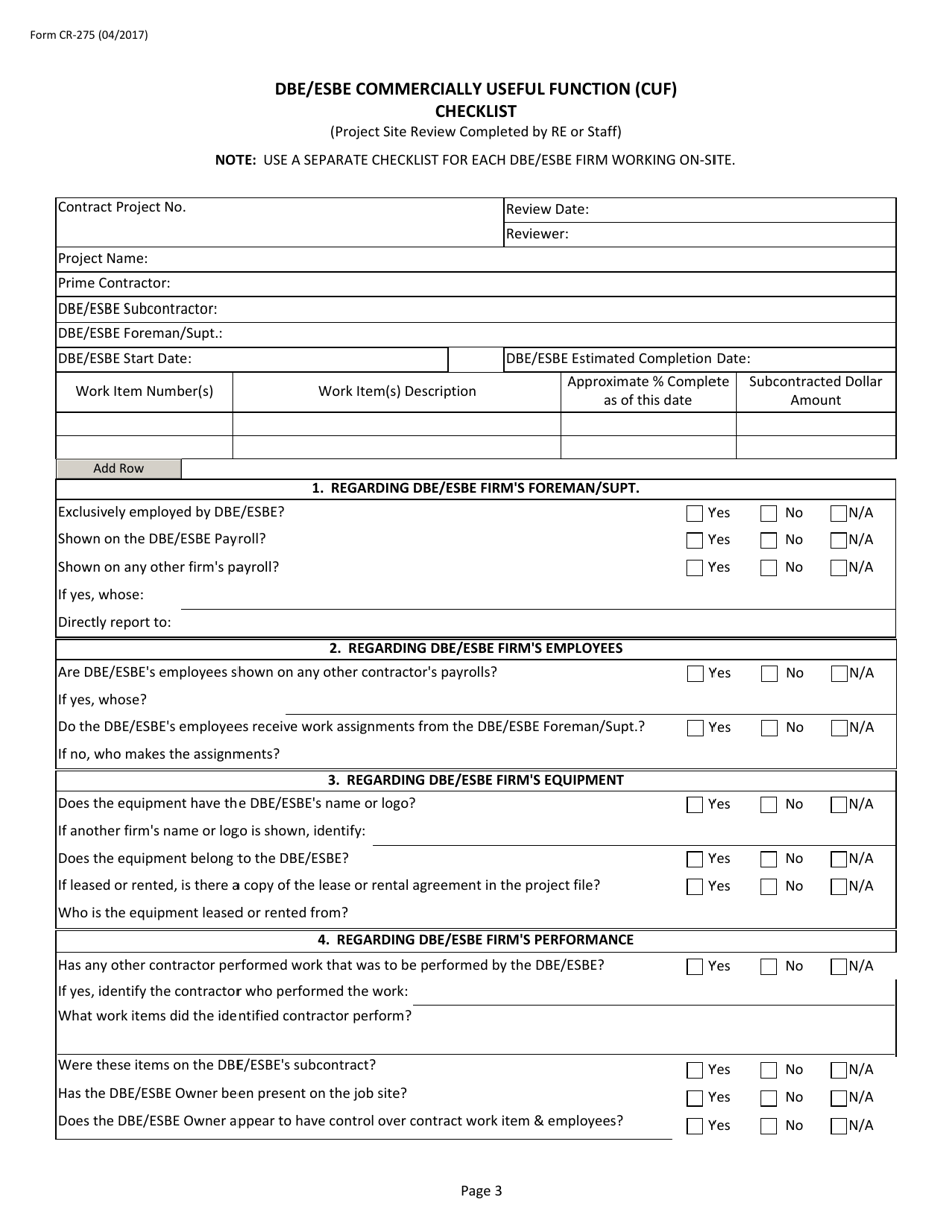 Form CR-275 Dbe / Esbe Commercially Useful Function (Cuf) Checklist - New Jersey, Page 3