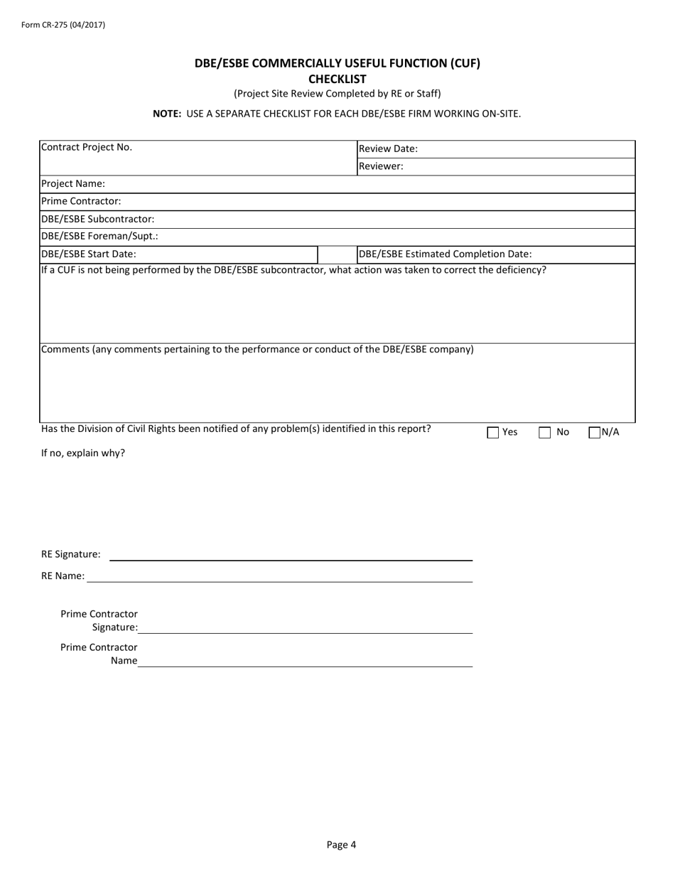 Form CR-275 Dbe / Esbe Commercially Useful Function (Cuf) Checklist - New Jersey, Page 4