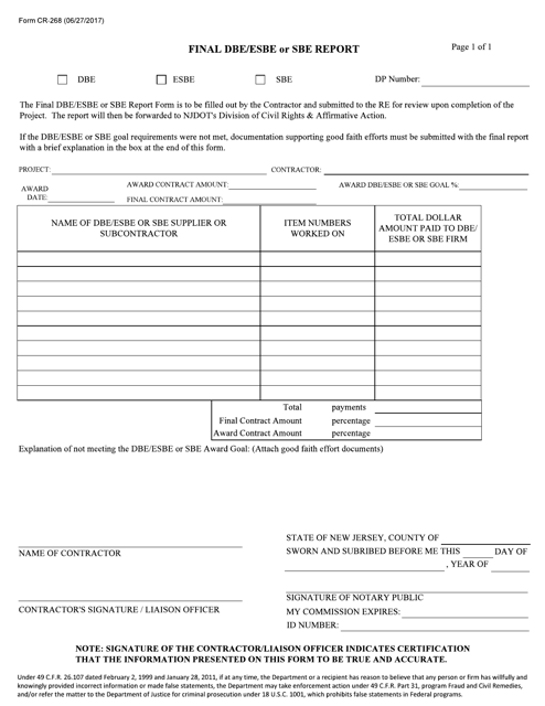 Form CR-268 Final Dbe/Esbe or Sbe Report - New Jersey