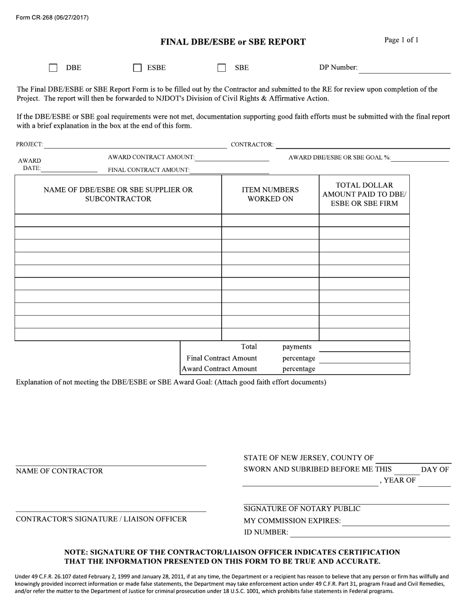 Form CR-268 Final Dbe / Esbe or Sbe Report - New Jersey, Page 1