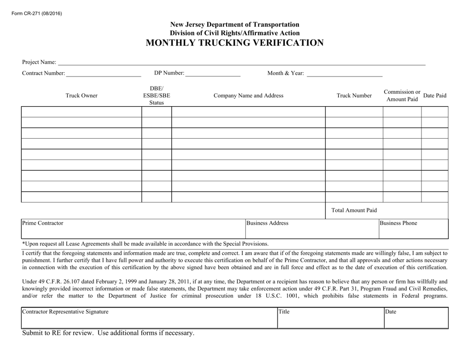 Form CR-271 Monthly Trucking Verification - New Jersey, Page 1