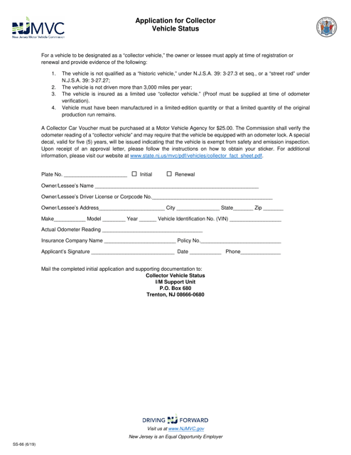 Form SS-66 Application for Collector Vehicle Status - New Jersey