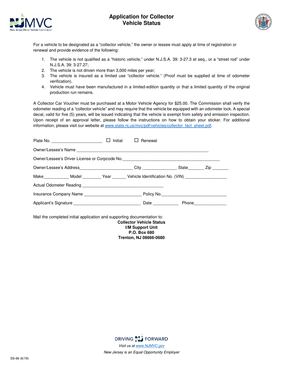 Form SS-66 Application for Collector Vehicle Status - New Jersey, Page 1
