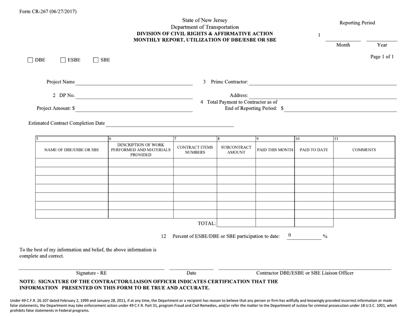 Form CR-267 Monthly Report of Utilization of Dbe/Esbe or Sbe - New Jersey