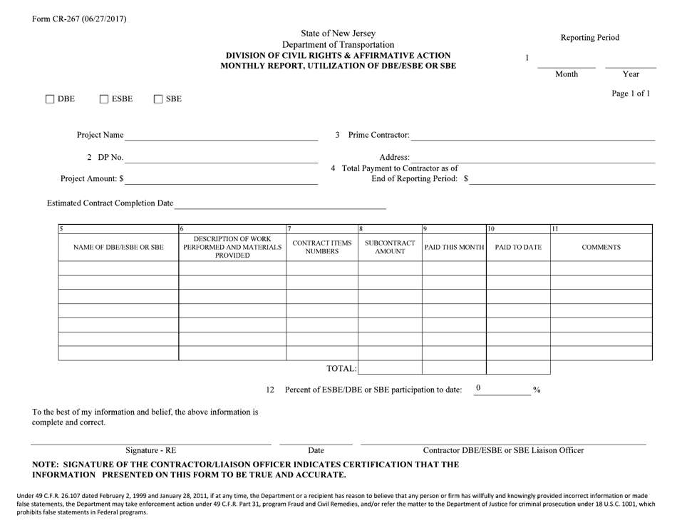 Form CR-267 Monthly Report of Utilization of Dbe / Esbe or Sbe - New Jersey, Page 1