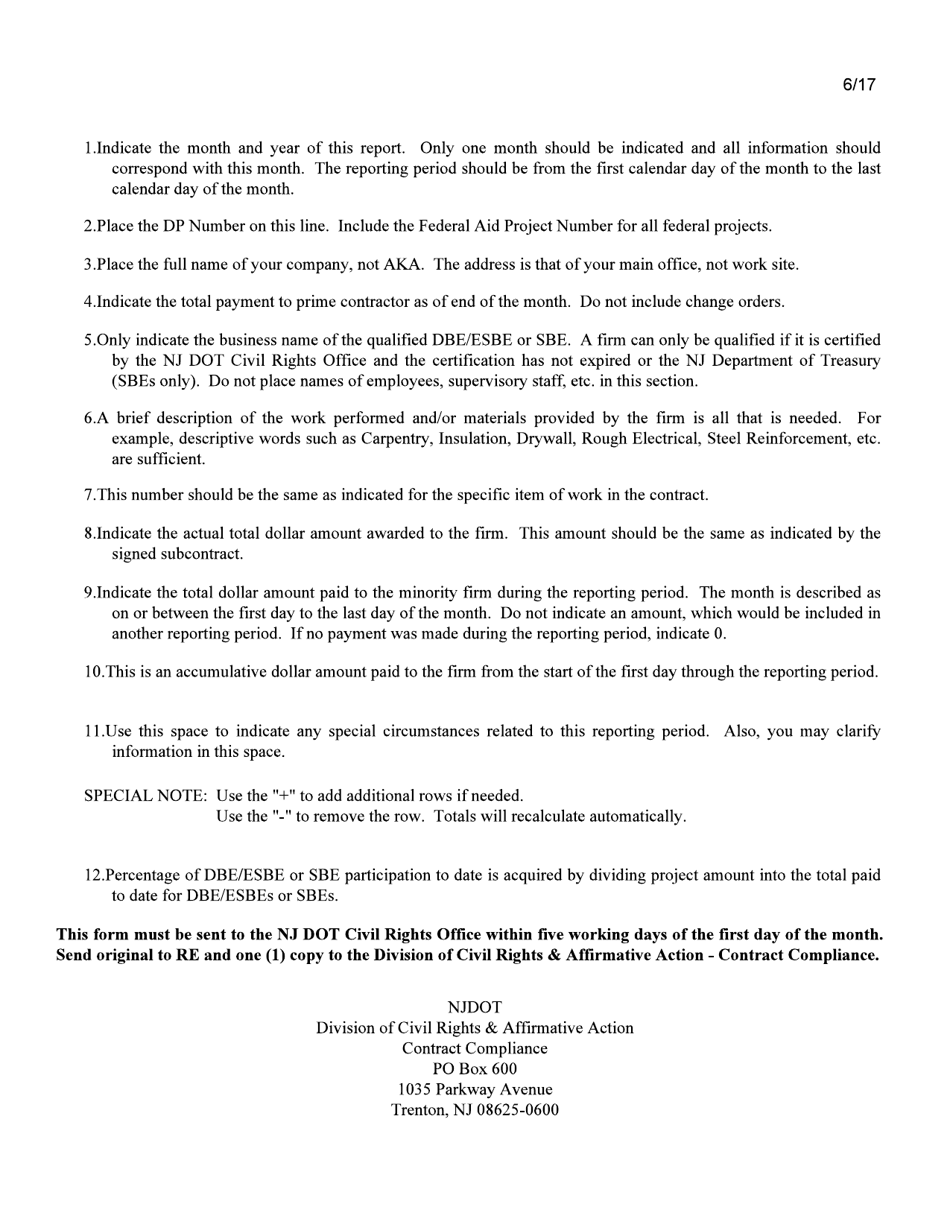Form CR-267 Monthly Report of Utilization of Dbe / Esbe or Sbe - New Jersey, Page 2