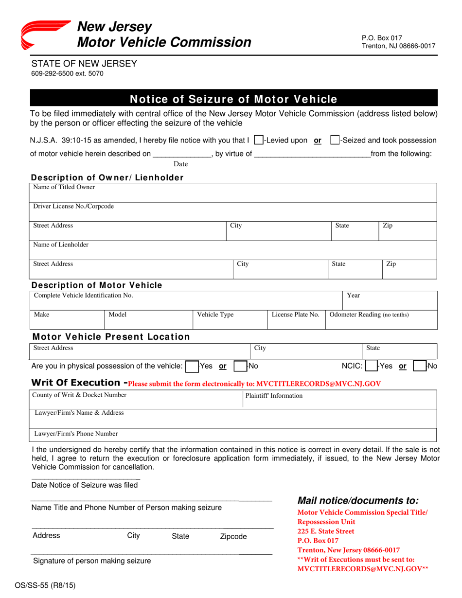 Form OS / SS-55 Notice of Seizure of Motor Vehicle - New Jersey, Page 1