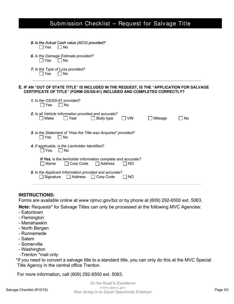 Submission Checklist - Request for Salvage Title - New Jersey, Page 3