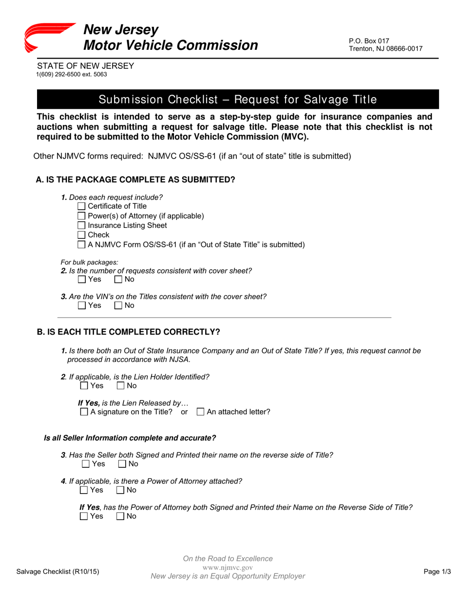 Nj Subcode Forms New Jersey Submission Checklist - Request for Salvage Title - Fill Out ...