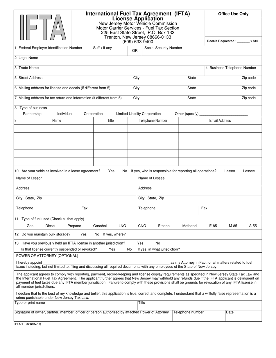 Form IFTA-1 International Fuel Tax Agreement (Ifta) License Application - New Jersey, Page 1