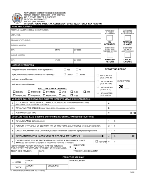 International Fuel Tax Agreement (Ifta) Quarterly Tax Return - New Jersey Download Pdf