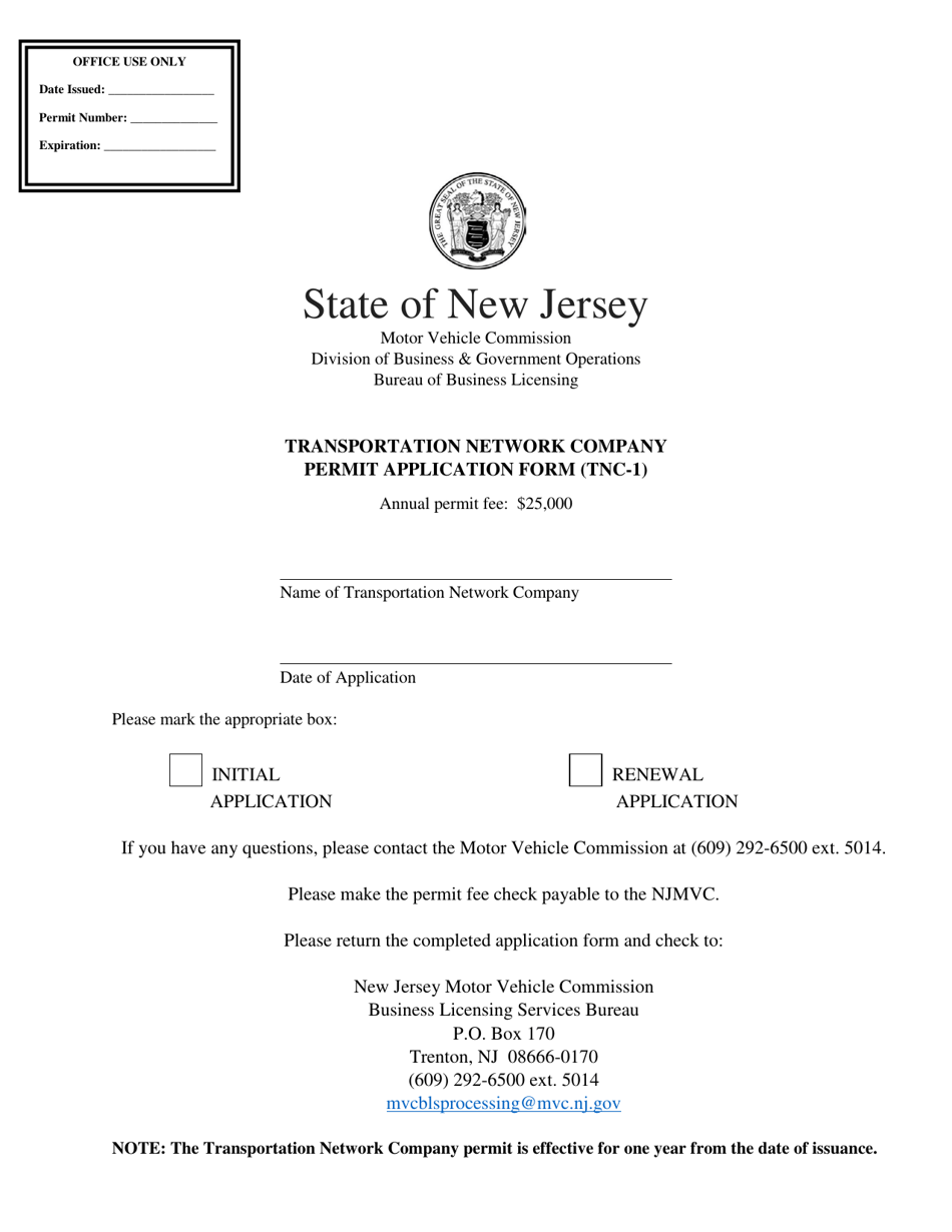 Form TNC-1 Transportation Network Company Permit Application Form - New Jersey, Page 1