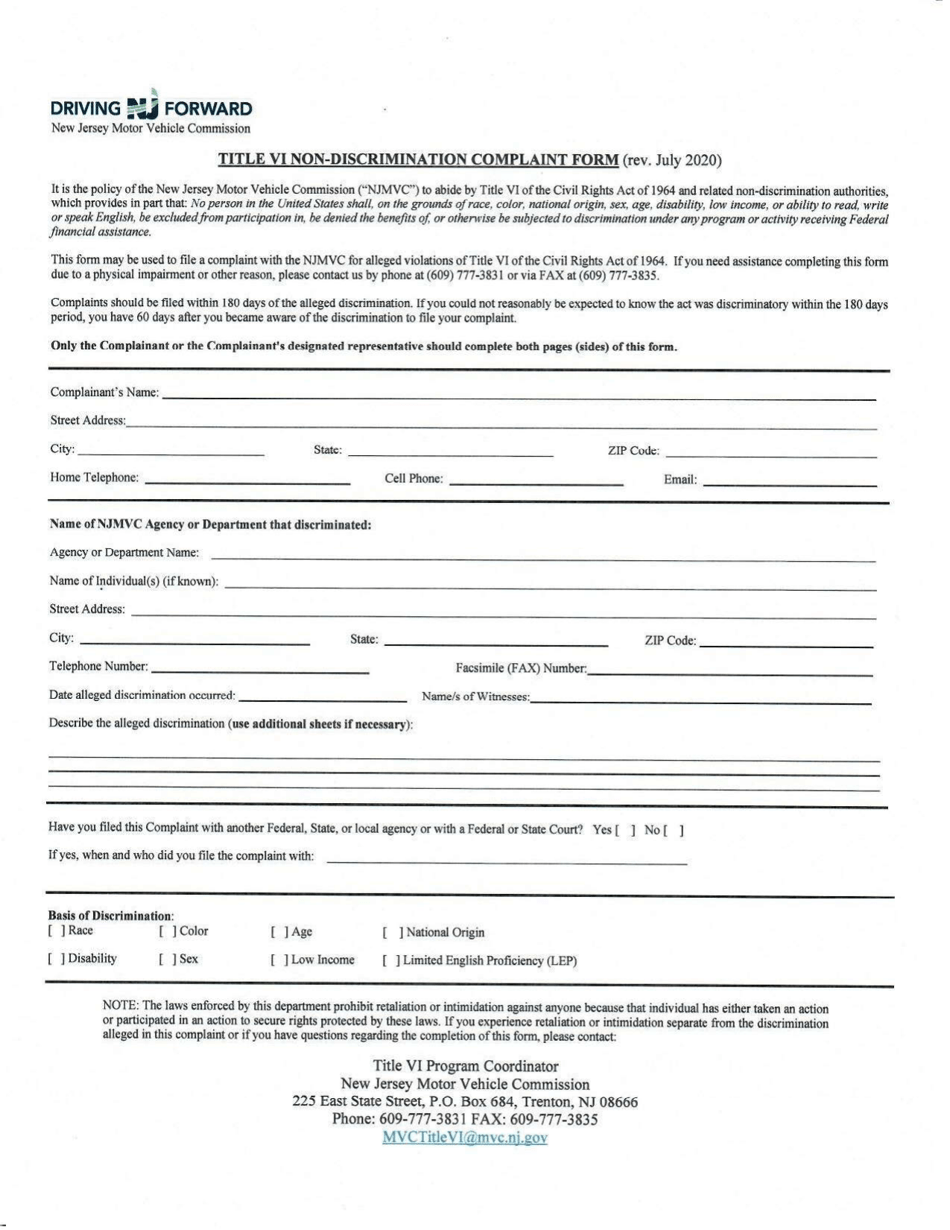 Title VI Non-discrimination Complaint Form - New Jersey, Page 1