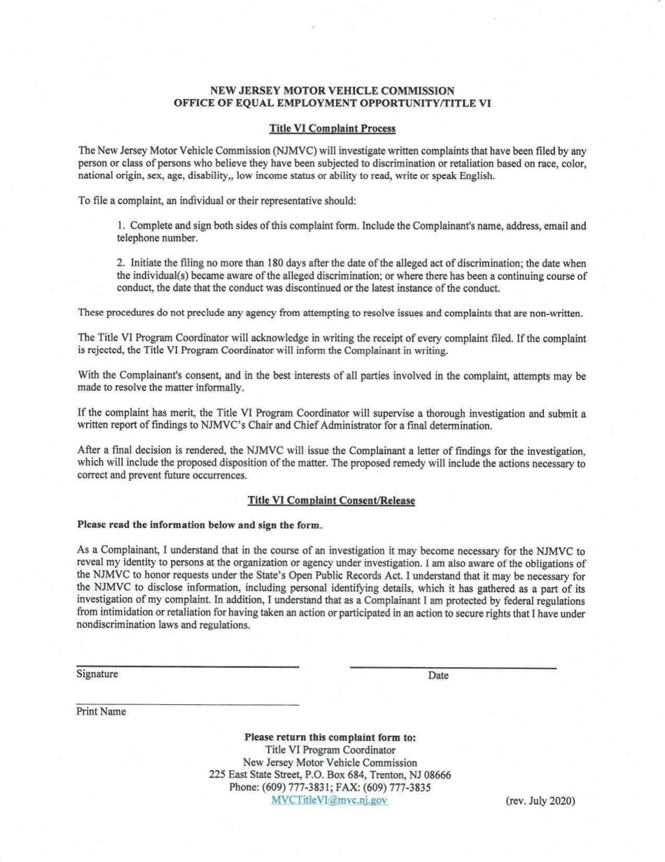 Title VI Non-discrimination Complaint Form - New Jersey, Page 2