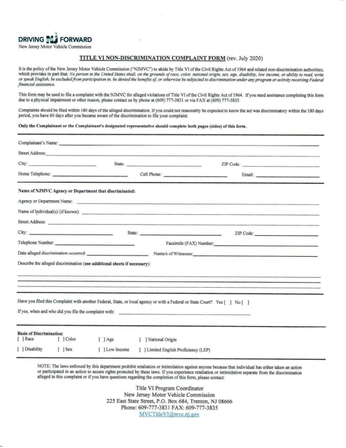 Title VI Non-discrimination Complaint Form - New Jersey Download Pdf