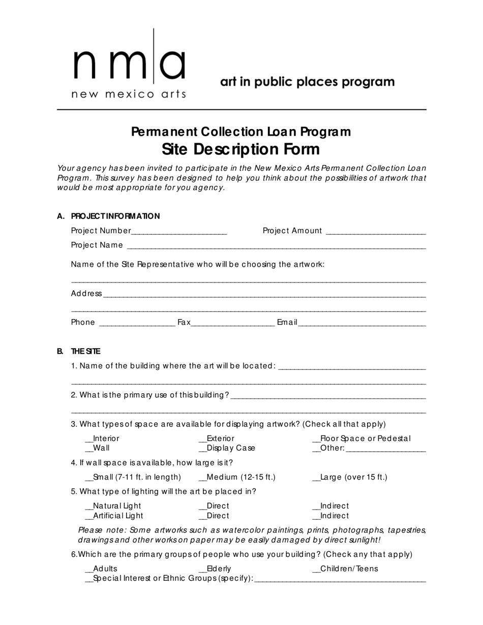 Site Description Form - Permanent Collection Loan Program - New Mexico, Page 1