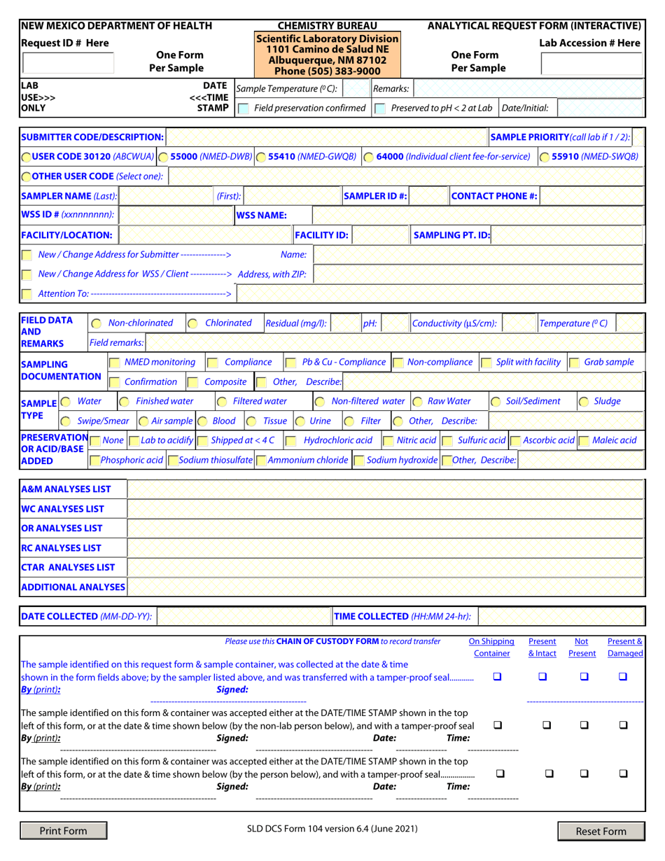 SLD DCS Form 104 Chemistry Analysis Request Form - New Mexico, Page 1