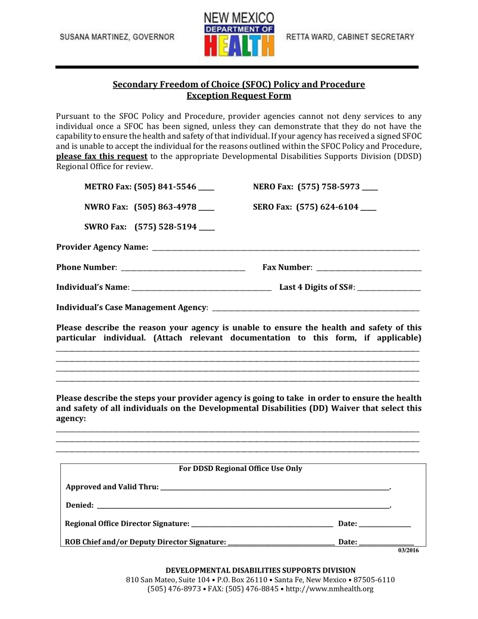 Secondary Freedom of Choice (Sfoc) Policy and Procedure Exception Request Form - New Mexico, Page 1