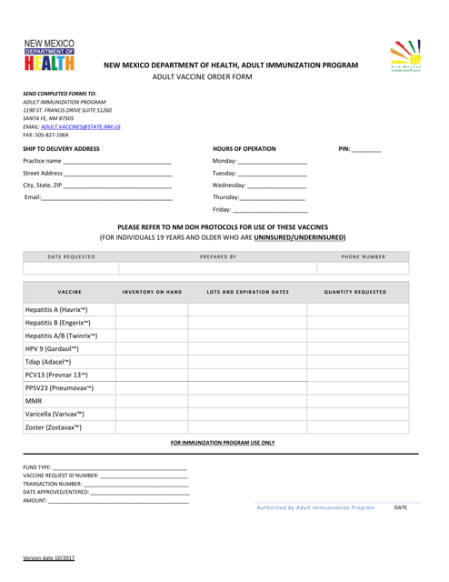 Adult Vaccine Order Form - New Mexico Download Pdf