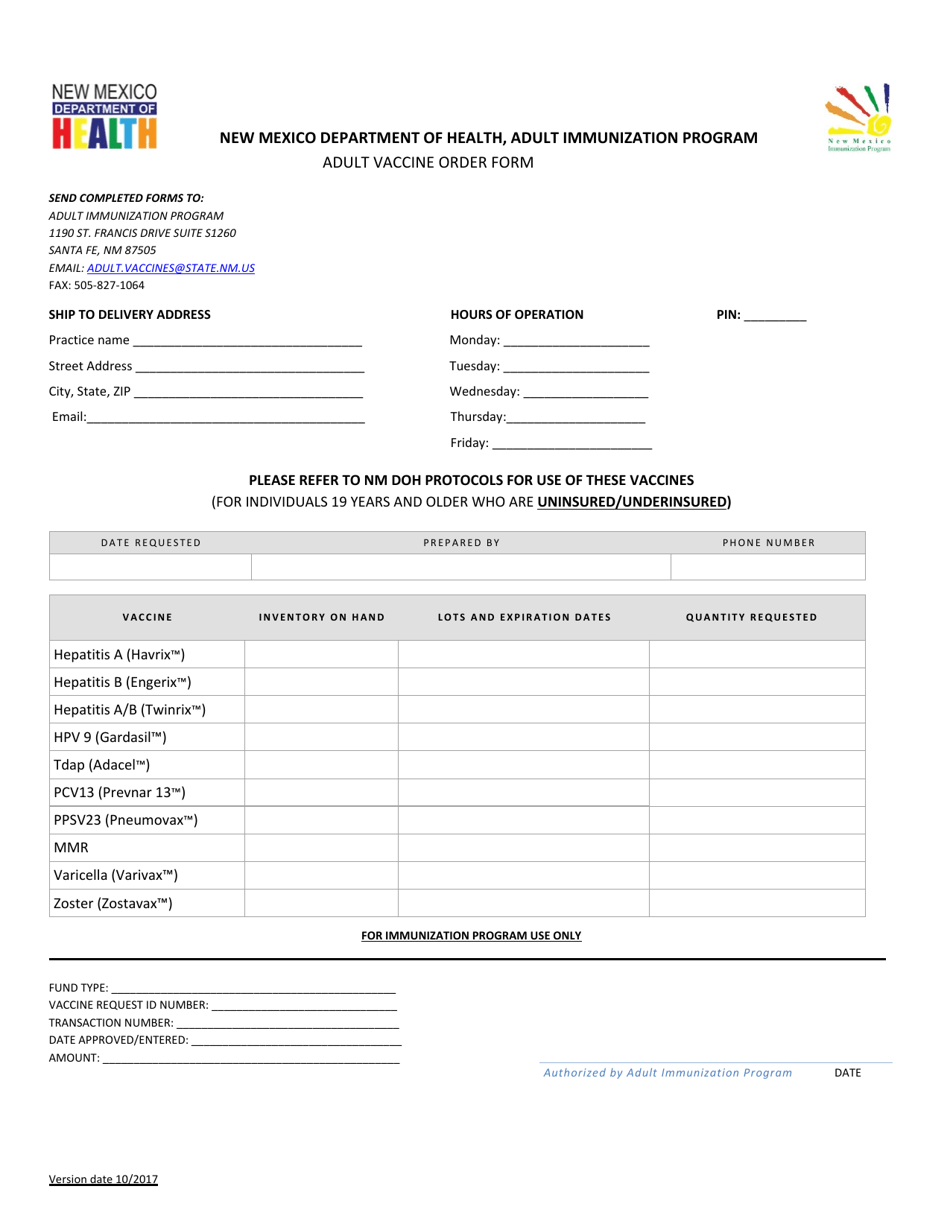Adult Vaccine Order Form - New Mexico, Page 1