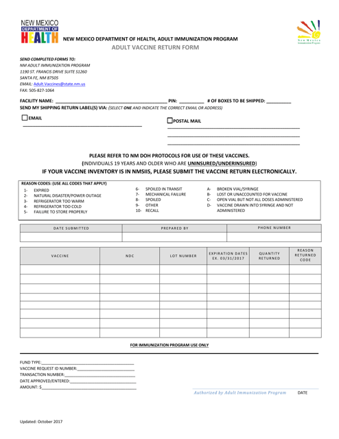 Adult Vaccine Return Form - New Mexico Download Pdf