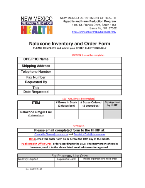 Naloxone Inventory and Order Form - New Mexico Download Pdf