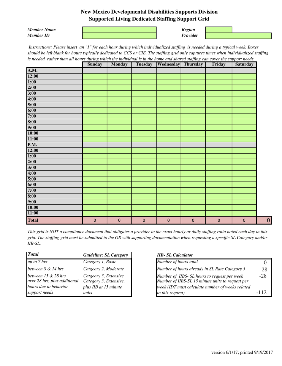 Supported Living Dedicated Staffing Support Grid - New Mexico, Page 1