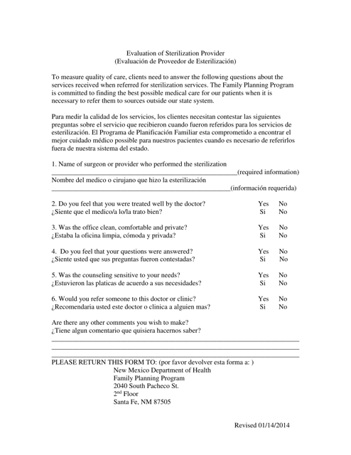 Evaluation of Sterilization Provider - New Mexico (English/Spanish)