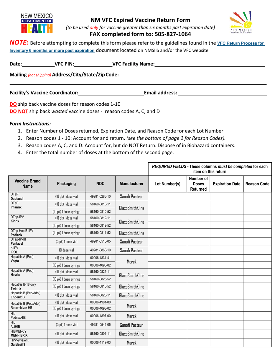 Vfc Expired Vaccine Return Form - New Mexico, Page 1