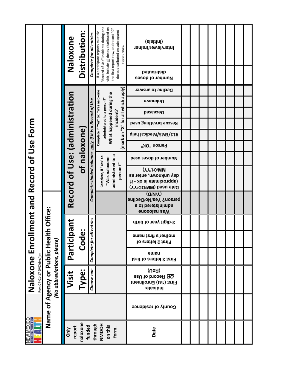Naloxone Enrollment and Record of Use Form - New Mexico, Page 1