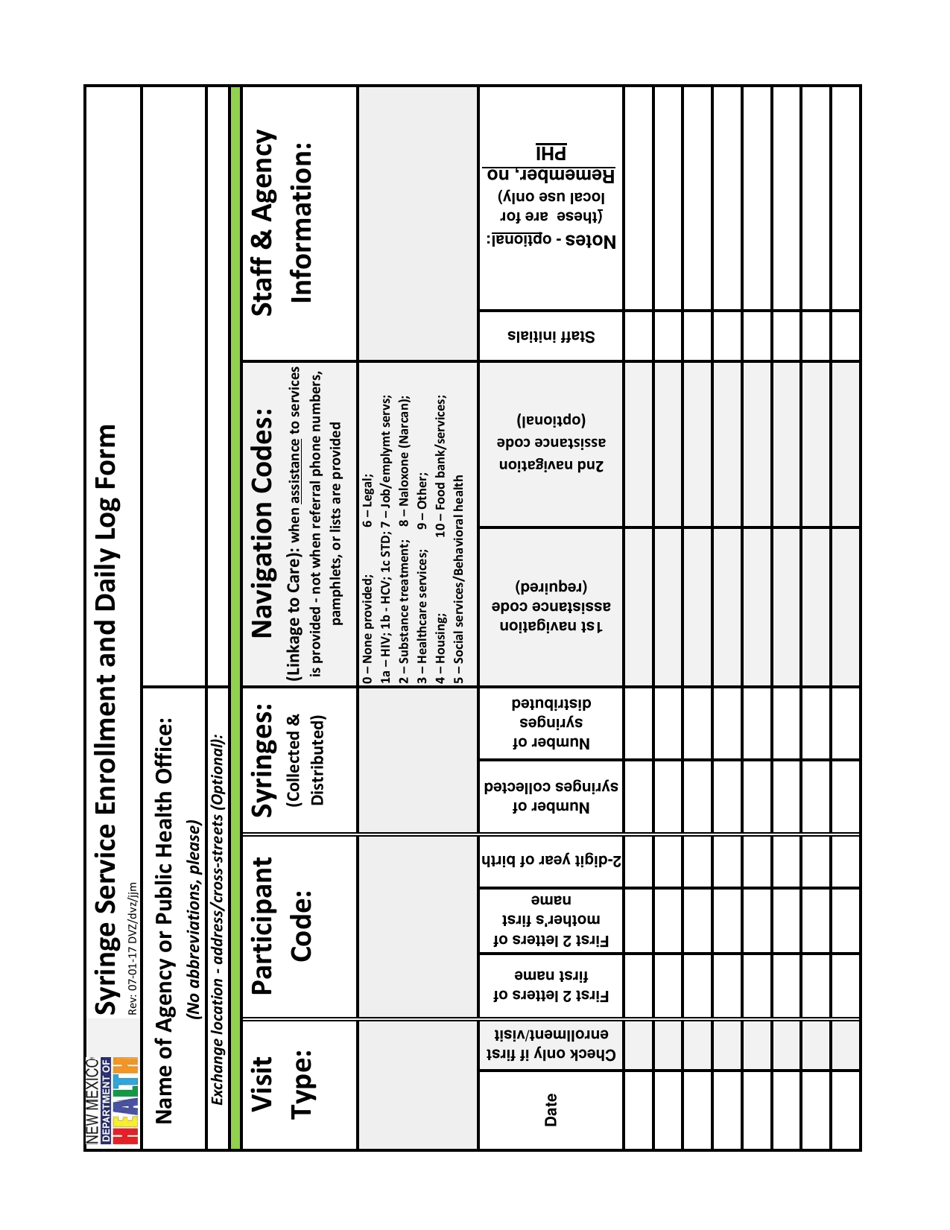 Syringe Service Enrollment and Daily Log Form - New Mexico, Page 1