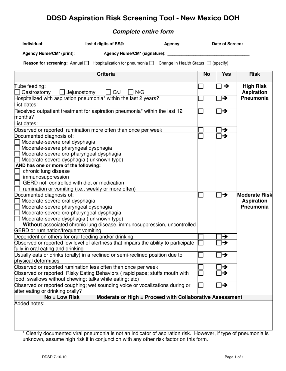 Ddsd Aspiration Risk Screening Tool - New Mexico, Page 1