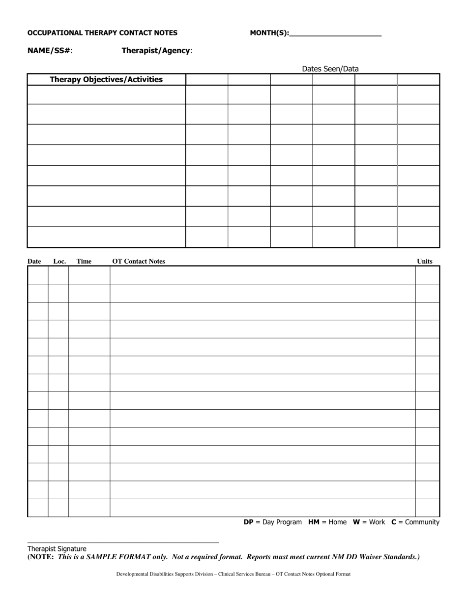 Occupational Therapy Contact Notes - New Mexico, Page 1