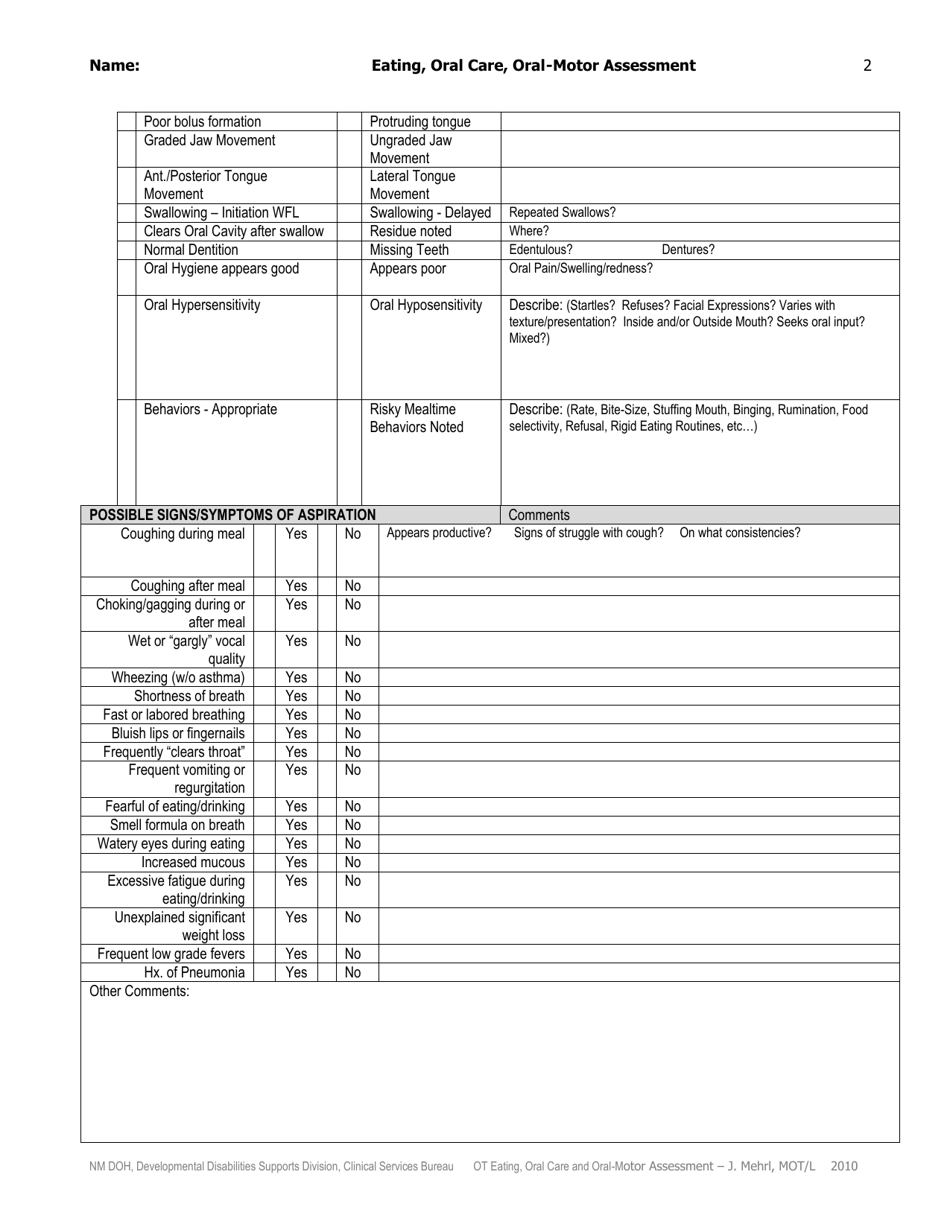 Occupational Therapy Eating, Oral Care and Oral-Motor Assessment Data - New Mexico, Page 2