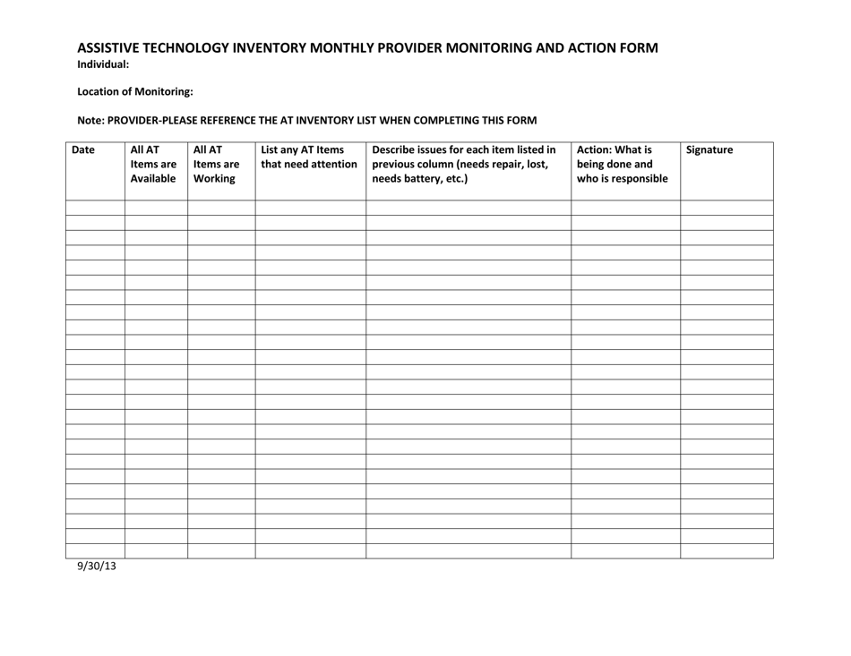 Assistive Technology Inventory Monthly Provider Monitoring and Action Form - New Mexico, Page 1